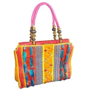 Vtg Sharif USA Boho Leather Patchwork Handbag Beaded Handle Colorful Statement